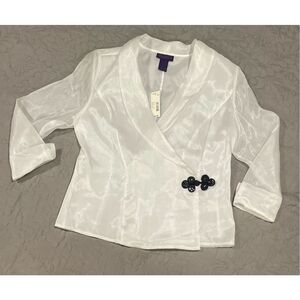 Metaphor White Sheer Shiny Large Collar V Neck Blouse New